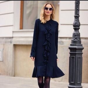 Tory Burch Navy Ruffle-Front Midi Dress